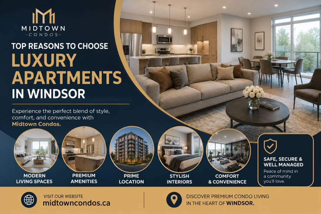 Modern luxury apartment interior at Midtown Condos in Windsor featuring a spacious open-concept living room, stylish kitchen, elegant bedroom, premium finishes, and contemporary design.