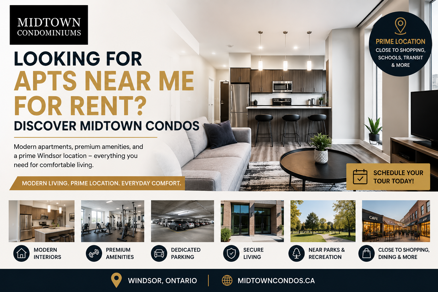 Modern Midtown Condominiums promotional banner showcasing stylish apartments for rent in Windsor with contemporary interiors, premium amenities, secure parking, prime location, and community lifestyle features.